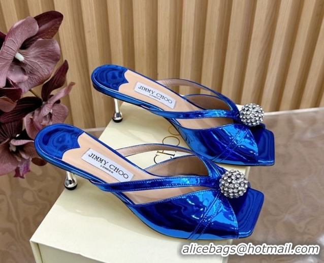 Best Grade Jimmy Choo Siva Heel Slides Sandal 6.5cm in Glazed Leather with Strass Royal Blue 2025 JC103102