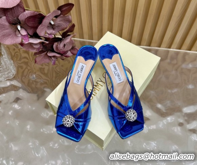 Best Grade Jimmy Choo Siva Heel Slides Sandal 6.5cm in Glazed Leather with Strass Royal Blue 2025 JC103102