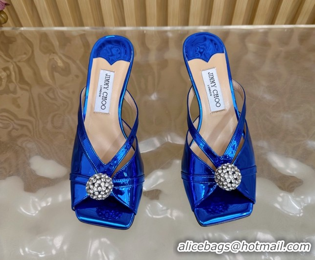Best Grade Jimmy Choo Siva Heel Slides Sandal 6.5cm in Glazed Leather with Strass Royal Blue 2025 JC103102