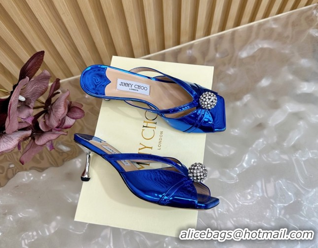 Best Grade Jimmy Choo Siva Heel Slides Sandal 6.5cm in Glazed Leather with Strass Royal Blue 2025 JC103102