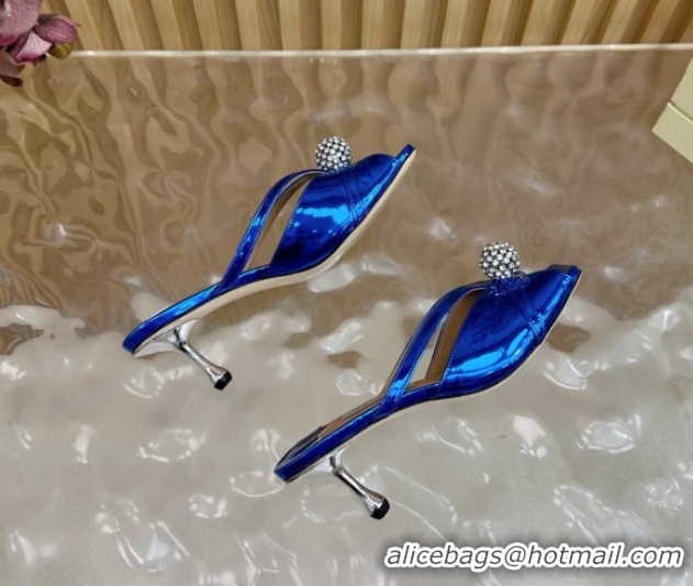 Best Grade Jimmy Choo Siva Heel Slides Sandal 6.5cm in Glazed Leather with Strass Royal Blue 2025 JC103102