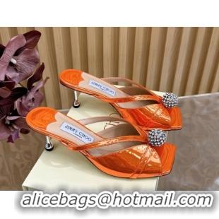 Most Popular Jimmy Choo Siva Heel Slides Sandal 6.5cm in Glazed Leather with Strass Orange 2025 JC103102