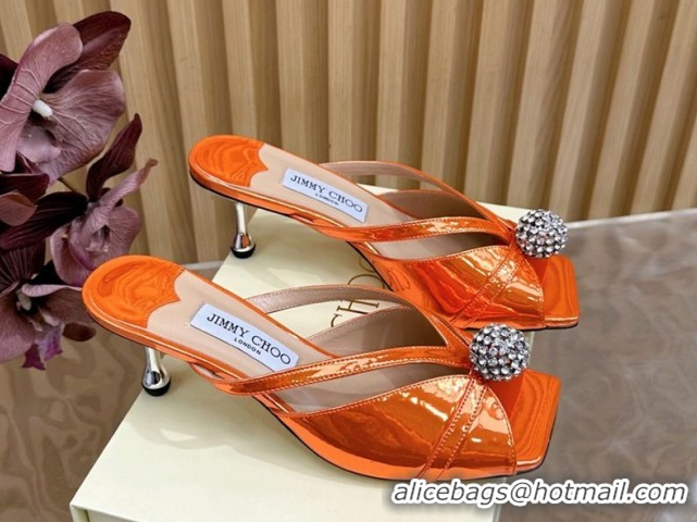 Most Popular Jimmy Choo Siva Heel Slides Sandal 6.5cm in Glazed Leather with Strass Orange 2025 JC103102