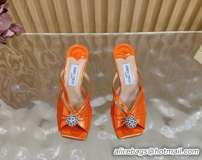 Most Popular Jimmy Choo Siva Heel Slides Sandal 6.5cm in Glazed Leather with Strass Orange 2025 JC103102
