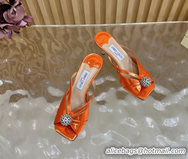Most Popular Jimmy Choo Siva Heel Slides Sandal 6.5cm in Glazed Leather with Strass Orange 2025 JC103102