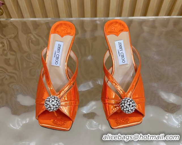 Most Popular Jimmy Choo Siva Heel Slides Sandal 6.5cm in Glazed Leather with Strass Orange 2025 JC103102