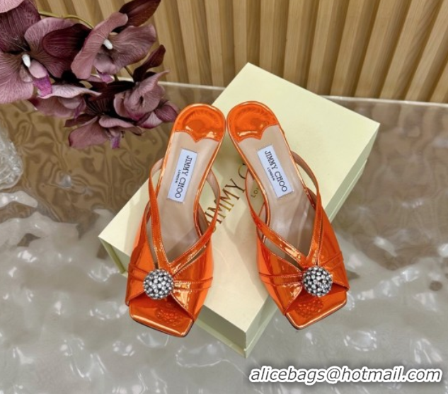 Most Popular Jimmy Choo Siva Heel Slides Sandal 6.5cm in Glazed Leather with Strass Orange 2025 JC103102