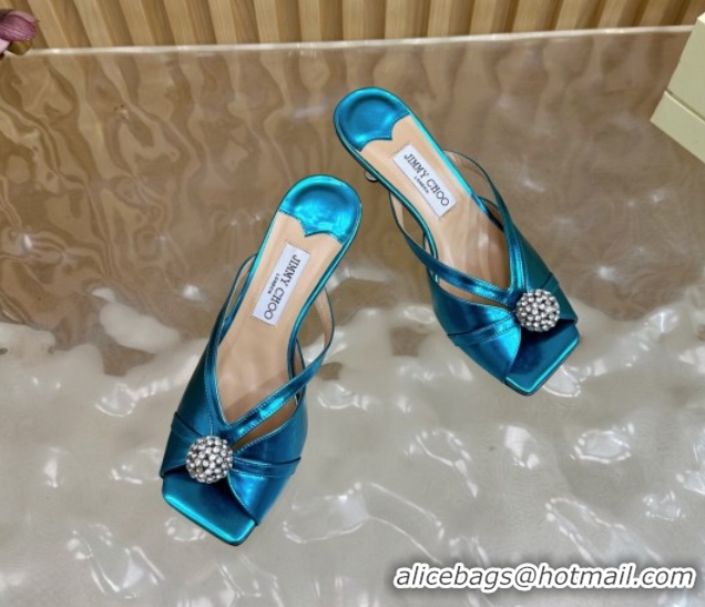 Charming Jimmy Choo Siva Heel Slides Sandal 6.5cm in Glazed Leather with Strass Blue2 2025 JC103102