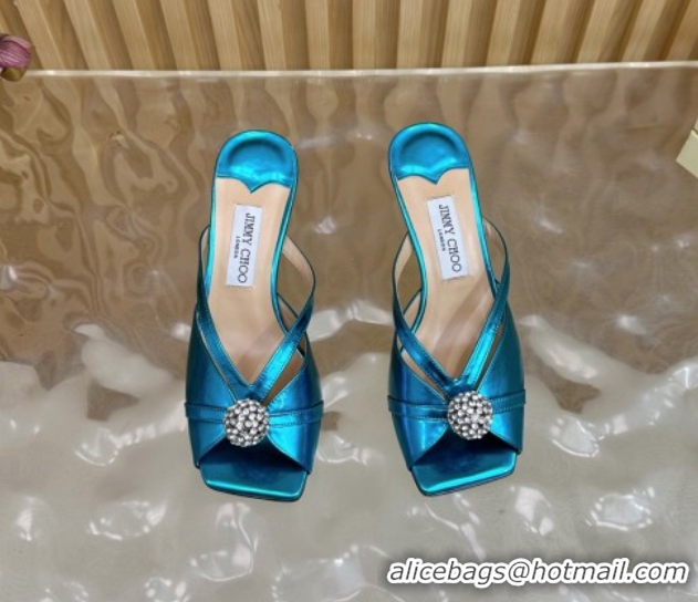 Charming Jimmy Choo Siva Heel Slides Sandal 6.5cm in Glazed Leather with Strass Blue2 2025 JC103102