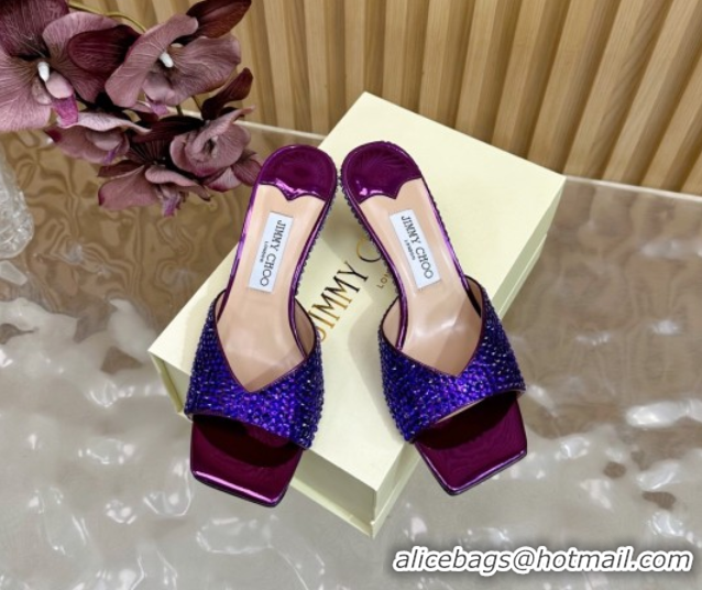 Hot Style Jimmy Choo Skye Heel Slides Sandal 6.5cm in Glazed Leather and Strass Purple 2025 JC103103