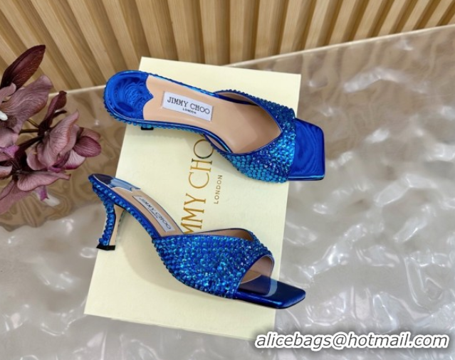 Top Grade Jimmy Choo Skye Heel Slides Sandal 6.5cm in Glazed Leather and Strass Royal Blue 2025 JC103103