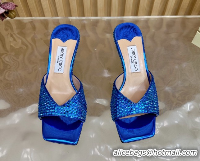 Top Grade Jimmy Choo Skye Heel Slides Sandal 6.5cm in Glazed Leather and Strass Royal Blue 2025 JC103103