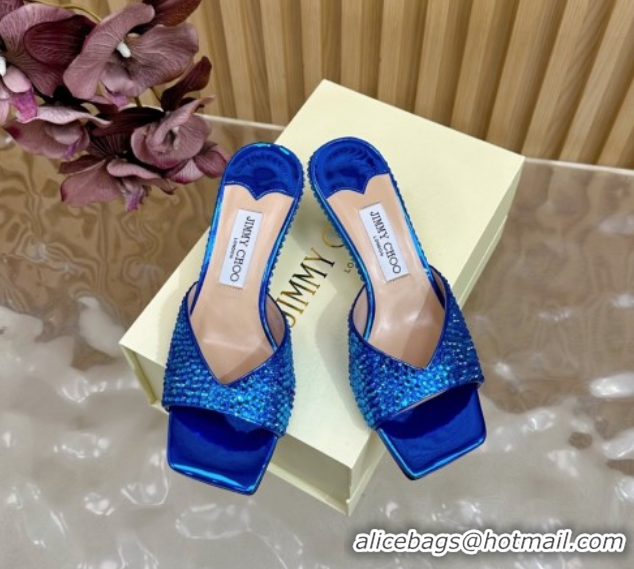 Top Grade Jimmy Choo Skye Heel Slides Sandal 6.5cm in Glazed Leather and Strass Royal Blue 2025 JC103103