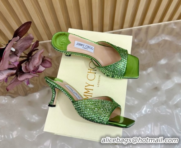 Cheap Price Jimmy Choo Skye Heel Slides Sandal 6.5cm in Glazed Leather and Strass Green 2025 JC103103
