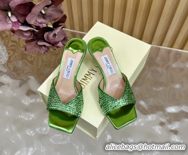 Cheap Price Jimmy Choo Skye Heel Slides Sandal 6.5cm in Glazed Leather and Strass Green 2025 JC103103