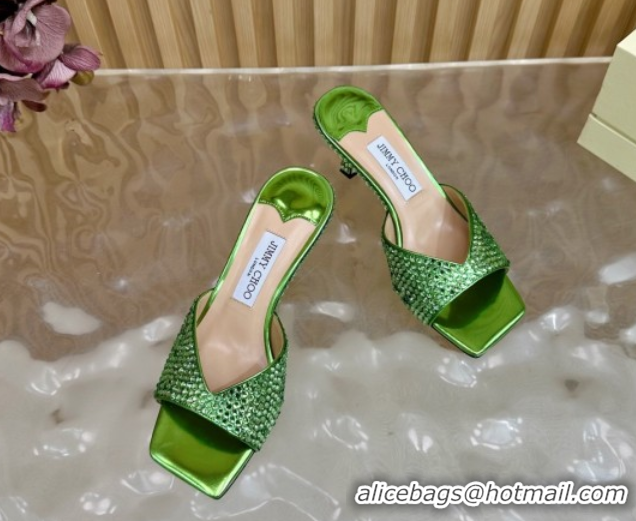 Cheap Price Jimmy Choo Skye Heel Slides Sandal 6.5cm in Glazed Leather and Strass Green 2025 JC103103