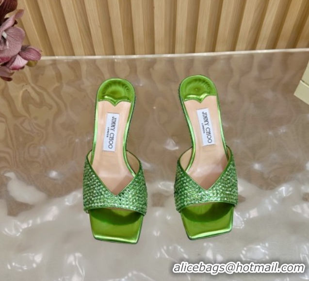 Cheap Price Jimmy Choo Skye Heel Slides Sandal 6.5cm in Glazed Leather and Strass Green 2025 JC103103