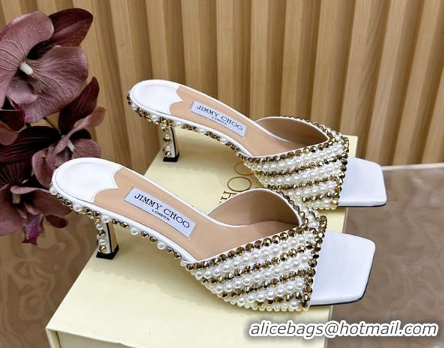 Low Cost Jimmy Choo Skye Heel Slides Sandal 6.5cm in Pearls and Strass White 2025 JC103103