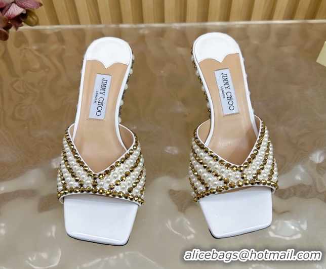 Low Cost Jimmy Choo Skye Heel Slides Sandal 6.5cm in Pearls and Strass White 2025 JC103103