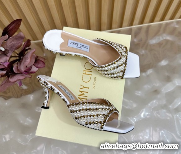 Low Cost Jimmy Choo Skye Heel Slides Sandal 6.5cm in Pearls and Strass White 2025 JC103103