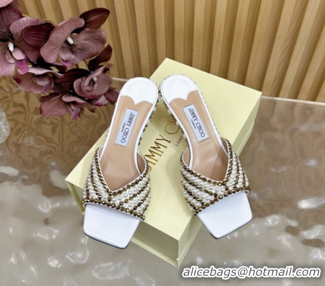 Low Cost Jimmy Choo Skye Heel Slides Sandal 6.5cm in Pearls and Strass White 2025 JC103103