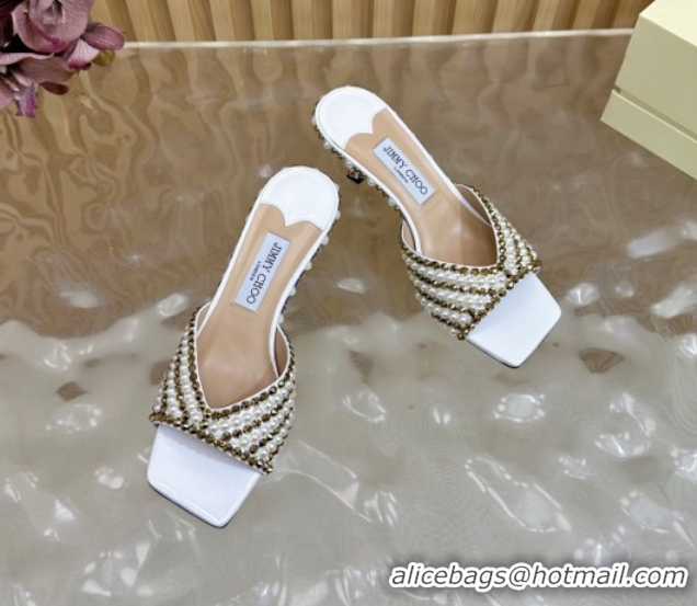 Low Cost Jimmy Choo Skye Heel Slides Sandal 6.5cm in Pearls and Strass White 2025 JC103103