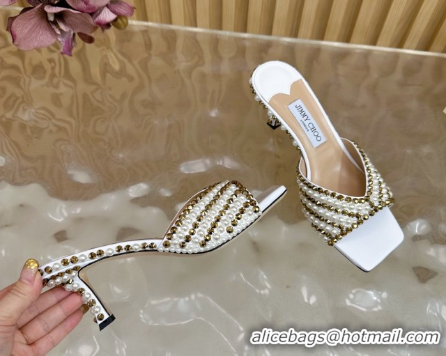 Low Cost Jimmy Choo Skye Heel Slides Sandal 6.5cm in Pearls and Strass White 2025 JC103103