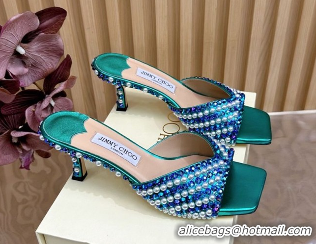 Buy Luxury Jimmy Choo Skye Heel Slides Sandal 6.5cm in Pearls and Strass Green 2025 JC103103