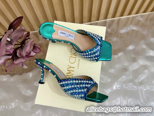 Buy Luxury Jimmy Choo Skye Heel Slides Sandal 6.5cm in Pearls and Strass Green 2025 JC103103