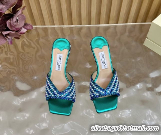 Buy Luxury Jimmy Choo Skye Heel Slides Sandal 6.5cm in Pearls and Strass Green 2025 JC103103