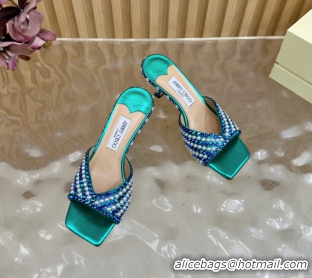 Buy Luxury Jimmy Choo Skye Heel Slides Sandal 6.5cm in Pearls and Strass Green 2025 JC103103