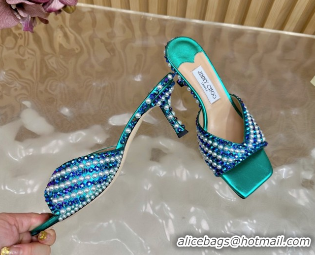 Buy Luxury Jimmy Choo Skye Heel Slides Sandal 6.5cm in Pearls and Strass Green 2025 JC103103