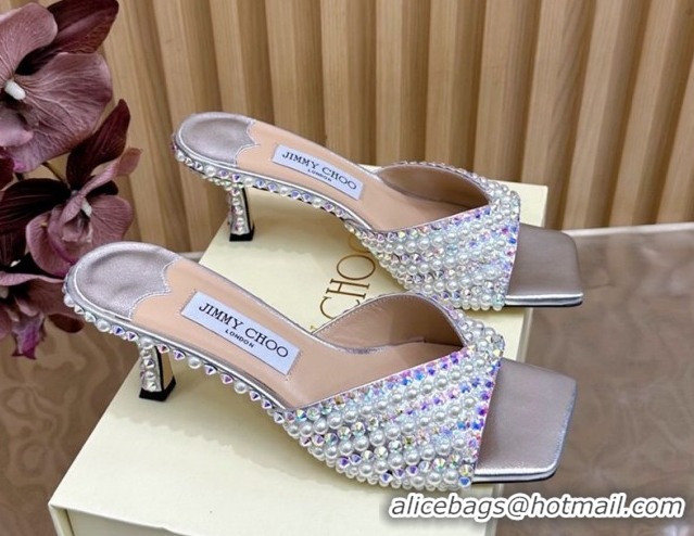 Big Discount Jimmy Choo Skye Heel Slides Sandal 6.5cm in Pearls and Strass Silver 2025 JC103103