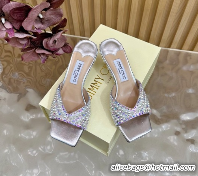 Big Discount Jimmy Choo Skye Heel Slides Sandal 6.5cm in Pearls and Strass Silver 2025 JC103103