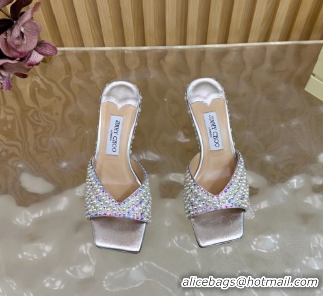 Big Discount Jimmy Choo Skye Heel Slides Sandal 6.5cm in Pearls and Strass Silver 2025 JC103103