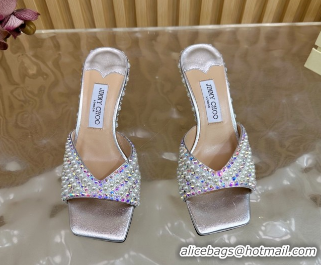 Big Discount Jimmy Choo Skye Heel Slides Sandal 6.5cm in Pearls and Strass Silver 2025 JC103103
