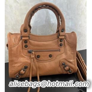 Top Quality Balenciaga Le City Mini Bag in Arena Storico lambskin leather 0926 Camel Brown 2025