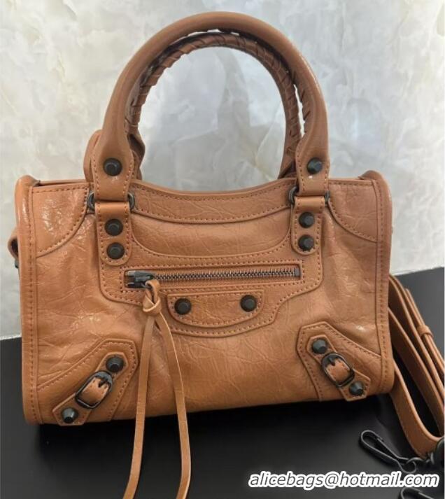 Top Quality Balenciaga Le City Mini Bag in Arena Storico lambskin leather 0926 Camel Brown 2025