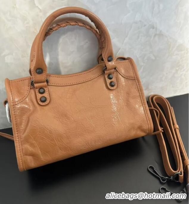 Top Quality Balenciaga Le City Mini Bag in Arena Storico lambskin leather 0926 Camel Brown 2025