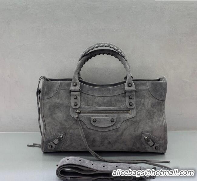 Luxury Cheap Balenciaga Le City Medium Bag in Suede 0925 Dark Grey 2025