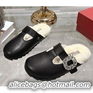 Sumptuous Roger Vivier Slidy Viv' Mules 2.5cm in Leather and Wool with Strass Buckle Black 1030060