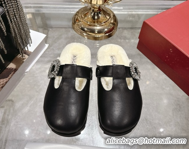 Sumptuous Roger Vivier Slidy Viv' Mules 2.5cm in Leather and Wool with Strass Buckle Black 1030060