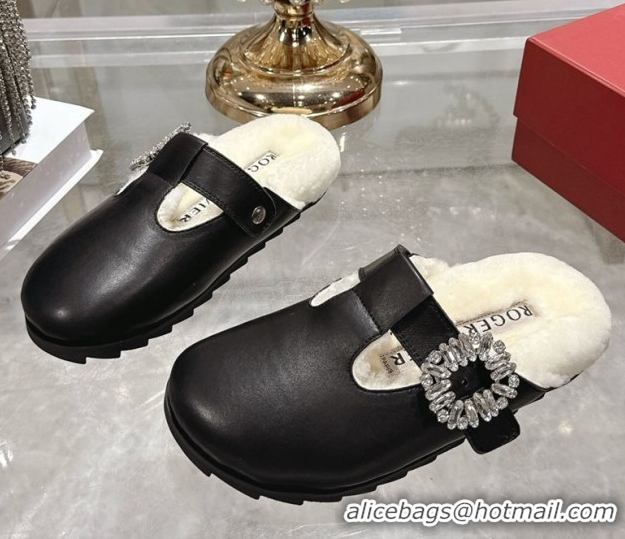 Sumptuous Roger Vivier Slidy Viv' Mules 2.5cm in Leather and Wool with Strass Buckle Black 1030060