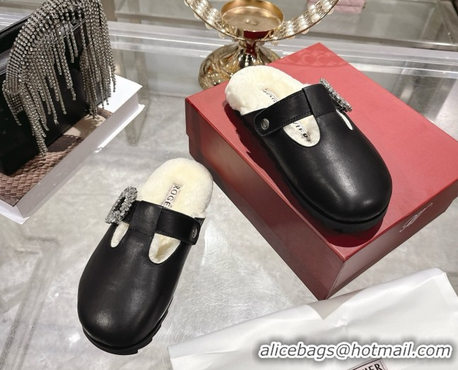 Sumptuous Roger Vivier Slidy Viv' Mules 2.5cm in Leather and Wool with Strass Buckle Black 1030060