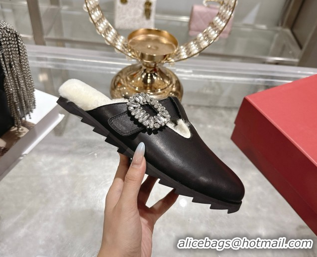 Sumptuous Roger Vivier Slidy Viv' Mules 2.5cm in Leather and Wool with Strass Buckle Black 1030060