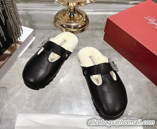 Sumptuous Roger Vivier Slidy Viv' Mules 2.5cm in Leather and Wool with Strass Buckle Black 1030060