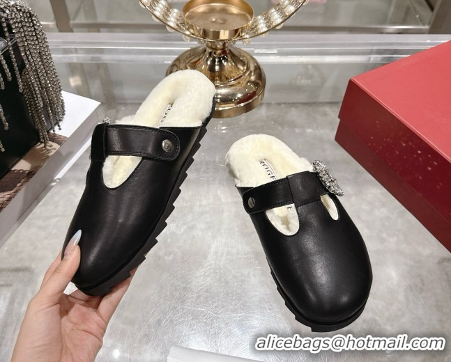 Sumptuous Roger Vivier Slidy Viv' Mules 2.5cm in Leather and Wool with Strass Buckle Black 1030060