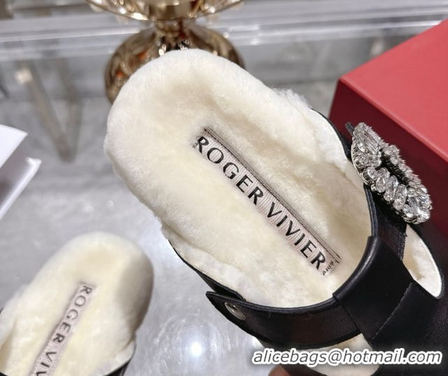 Sumptuous Roger Vivier Slidy Viv' Mules 2.5cm in Leather and Wool with Strass Buckle Black 1030060