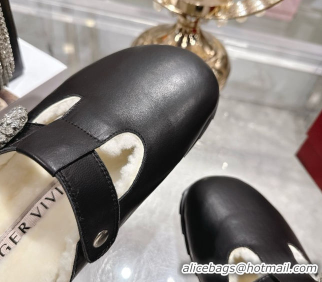 Sumptuous Roger Vivier Slidy Viv' Mules 2.5cm in Leather and Wool with Strass Buckle Black 1030060
