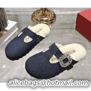 1:1 aaaaa Roger Vivier Slidy Viv' Mules 2.5cm in Denim and Wool with Strass Buckle Blue 030061